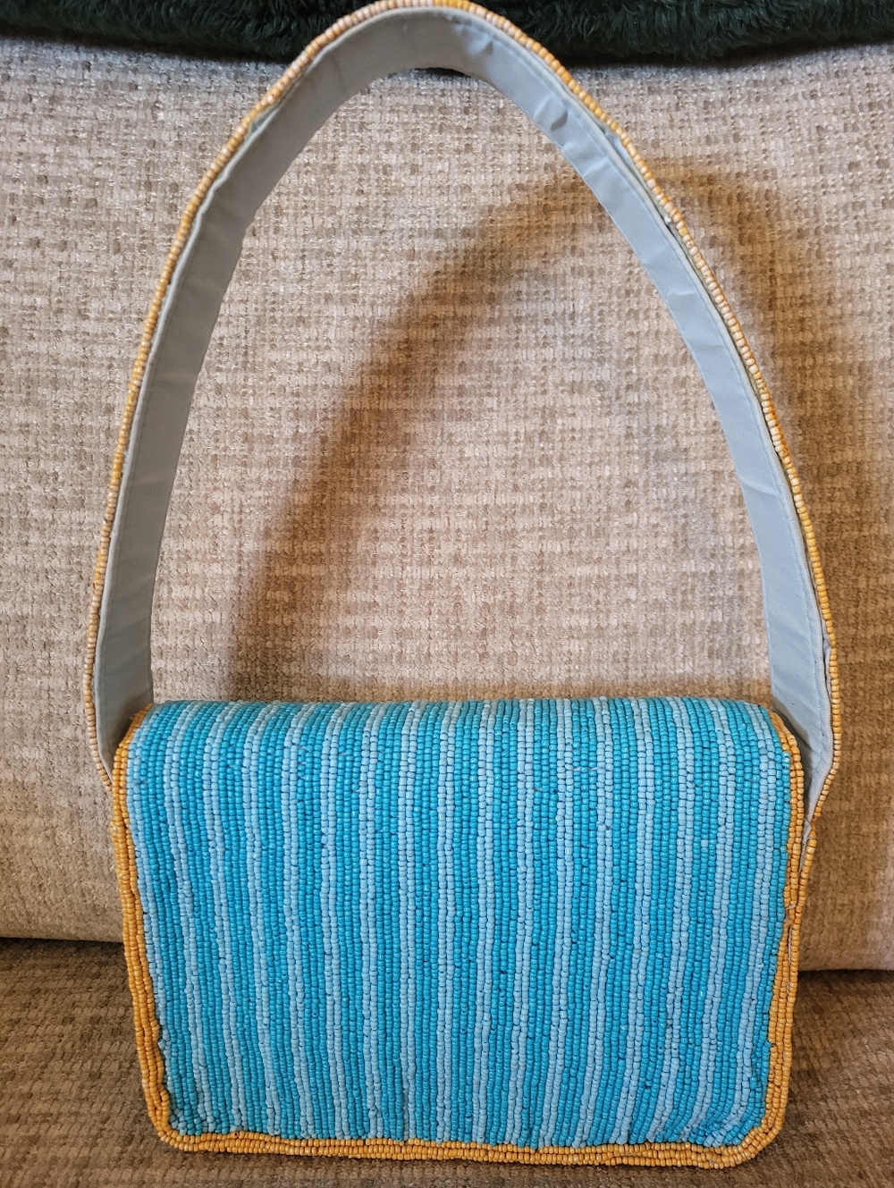 Hand-Beaded Blue & Gold Striped Lemon Motif Shoulder Bag. - Picture 7 of 16